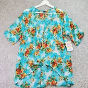 LuLaRoe Kimono Turquoise‎ Floral Print Bohemian Lightweight Cover Up Size 3